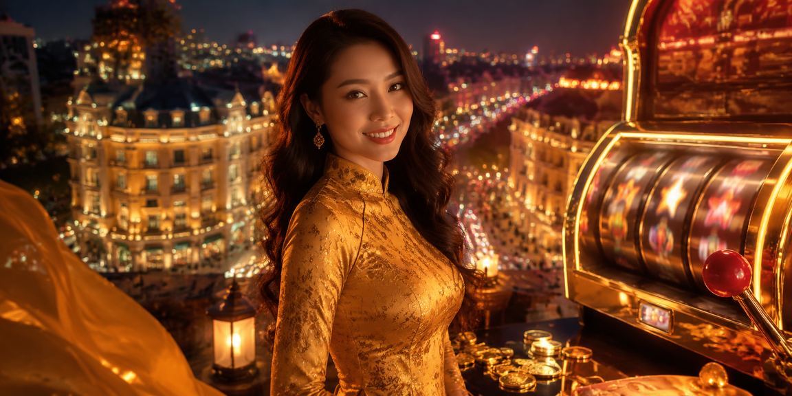 Người phụ nữ mặc áo dài Hà Nội chơi slot game trên điện thoại trong không gian truyền thống