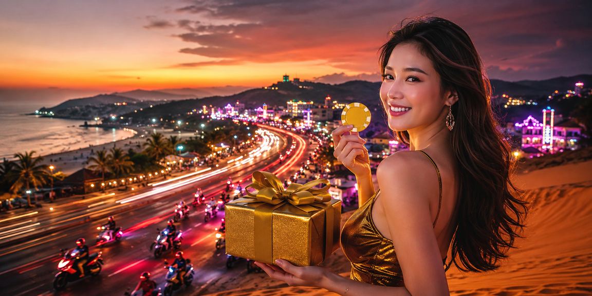 Ánh đèn neon casino về đêm tại Mũi Né với bầu không khí lễ hội rực rỡ